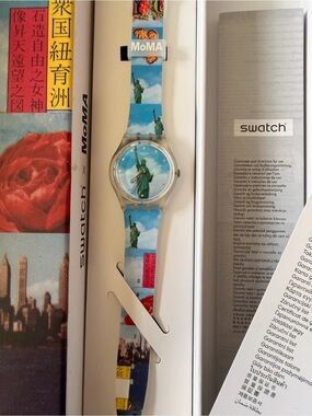 Swatch Blue Statue of Liberty Graphic Strap Watch